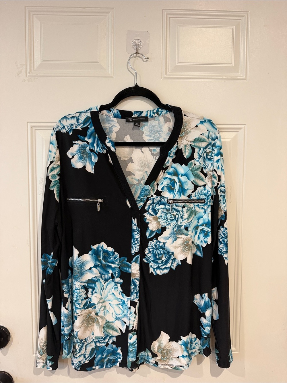 INC International Concepts Black Floral Blouse with Blue & White Blooms